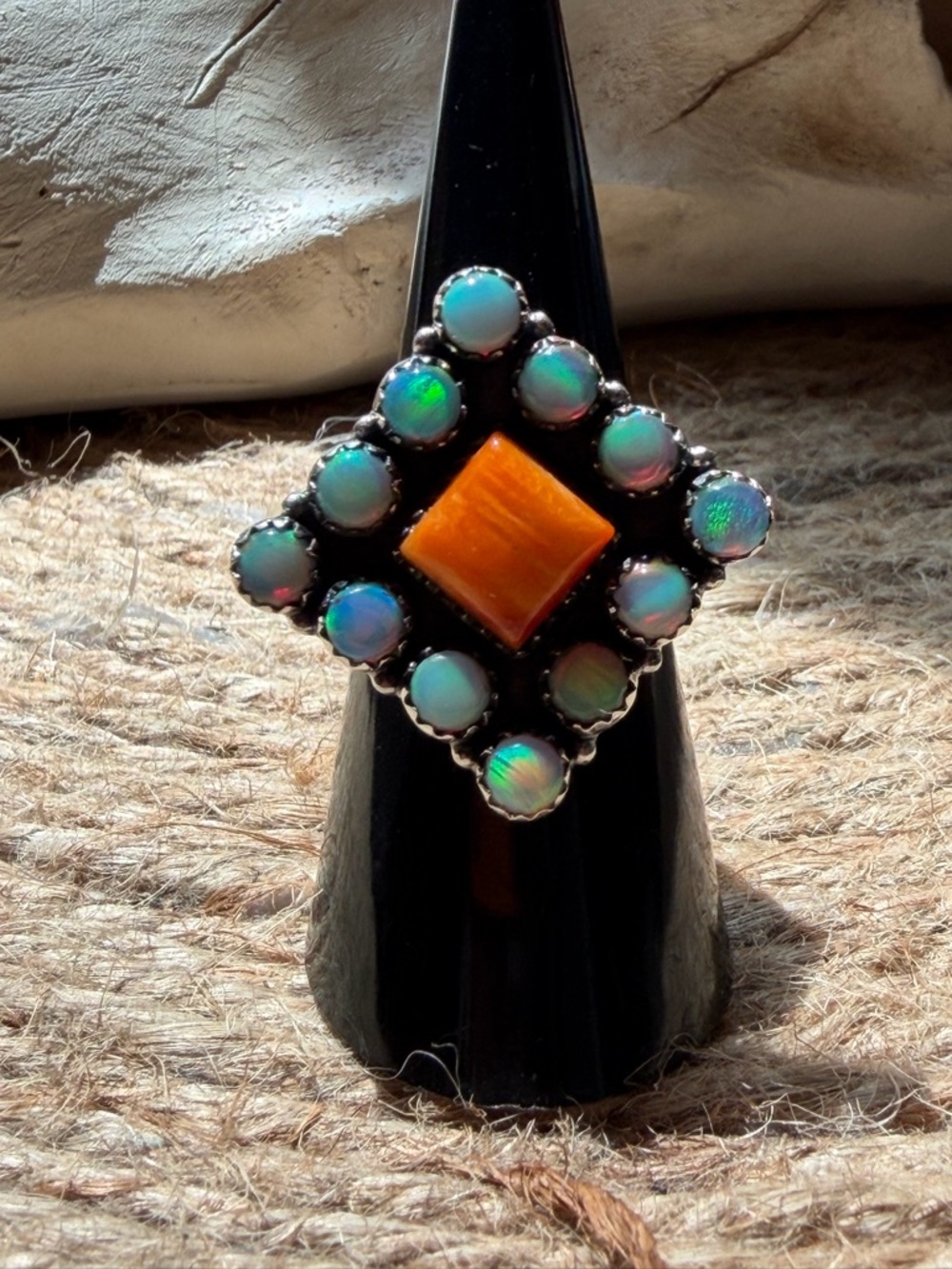 Handcrafted Opal and Orange Spiny Stone Sterling Silver Ring - Women Jewelry